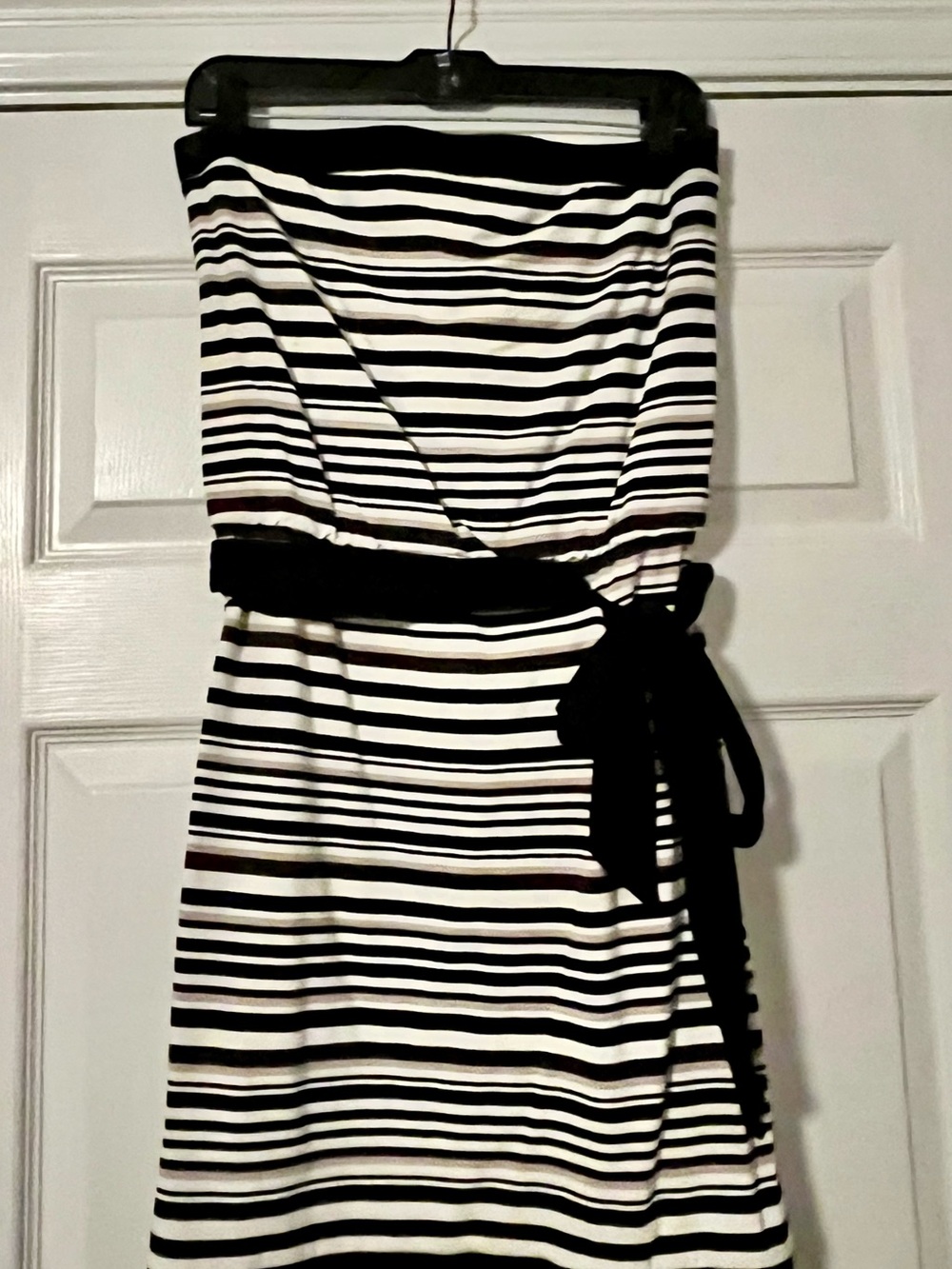 Striped Black White/Ivory & Tan Strapless Short Knit Dress with Belt - Size L